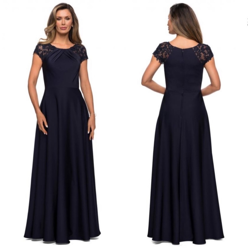 La Femme Long Satin Formal Dress Floor Length Maxi‎ Dress 28100 Navy Blue 12 NWT